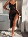 Women's Sexy Lace Patchwork Backless Tie-Up Lingerie Dress With T-Back Thong