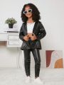 SHEIN Kids Cooltwn Young Girl Drop Shoulder PU Leather Shirt & Stacked Pants