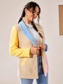 SHEIN Qutie Color Block Lapel Neck Open Front Teddy Coat