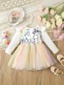 Baby Girls' Fun And Cute Letter And Unicorn Print Mesh Hem Dress