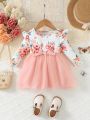 Baby Girl's Valentine's Day Floral Printed Long Sleeve Dress For Spring