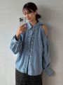 DAZY Cold Shoulder Button Front Cold Shoulder Denim Blouse