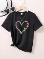 Girls' (big) Heart & Butterfly Printed Round Neck T-shirt