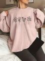 Plus Size Plant Print Round Neck Long Sleeve Casual Sweatshirt