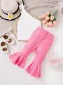 SHEIN Infant Girls' Casual Knitted One-shoulder Vest Top With Solid Color And Pink Flared Jeans Imitation Set