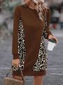 Leopard Patchwork Fleece Hooded Sweatshirt Dress