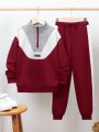 SHEIN Boys' Colorblock Stand Collar Sweatshirt And Long Pants Set