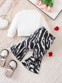 Baby Girl's Zebra Print Heart Pattern Short Sweatshirt And Animal Texture Bell Bottoms