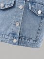 Girls' Basic Casual Light Blue Washed Short-Sleeved Fake Pocket Denim Top & Elastic Waistband Workwear Denim Skirt Comfortable Set