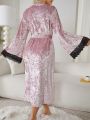 Women'S Lace Patchwork Bell Sleeve With Belted Waist Robe