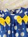 Baby Girl Daisy & Bow Decorated Romper With Footies