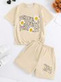 Teen Girls' Daisy & Letter Print Short Sleeve T-Shirt And Shorts 2pcs/Set