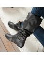 Women's Belt Buckle Decorated, Lightweight Flat Heel Fashion Boots With Grey Pu Leather Surface, For Autumn And Winter