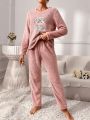 Women's Plush Lettered Sloth Embroidered Pajama Set