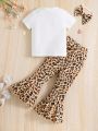 SHEIN Kids FANZEY Toddler Girls' Heart Pattern T-shirt And Leopard Flared Pants 2pcs/set Summer Outfit