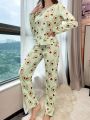 Women's Green Avocado Printed Pajama Set With Round Neckline