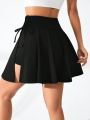 Solid Color Drawstring High Waist Athletic Skirt