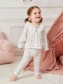 Baby Girls' Regular Fit Cute Floral Number Printed Lace Trimmed Collar Long Sleeve Top And Long Pants Set For Home Wear