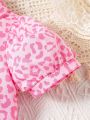 Baby Girls' Pink Leopard Print Shirt With Skirt Set For Spring/Summer