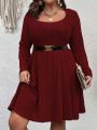 SHEIN CURVE+ Plus Size Women's Ribbed Long Sleeve Bodycon Dress