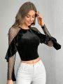 SHEIN Privé Polka Dot Sheer Sleeve Design Elegant Cropped T-shirt With Ruffle Hem