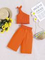 SHEIN Baby Girl's Orange Vacation Style One-Shoulder Ruffle Top And Elastic Waistband Long Pants Set For Summer