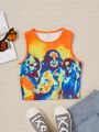 SHEIN Kids KDOMO Big Girls' Knitted High Elastic Cropped Tank Top With Heat-sensitive Portrait Printed Design