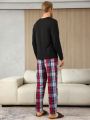 Men's Slogan Printed Long-sleeved T-shirt And Plaid Pants Homewear Set