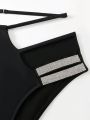 SHEIN Swim BAE Women's Black Swimsuit Bottoms With Diamond Decoration, Elegant And Sexy