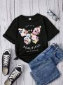 SHEIN Kids EVRYDAY Tween Girls' Round Neck Black Cartoon Butterfly Printed Short Sleeve T-shirt, Casual