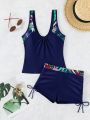 SHEIN Swim Lushore Summer Beach Tropical Print Drawstring Side Tankini