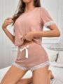 Short Sleeve Lace Patchwork Pajamas Set