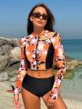 SHEIN Swim SPRTY Flower Print Splice Top With Solid Color Triangular Pants Bikini Set