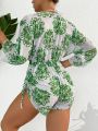 SHEIN Swim BohoFeel Women'S Tropical Printed Cover Up Jumpsuit With Drawstring Hem