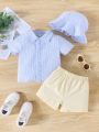 2pcs/Set Summer 2024 New Toddler Boys' Striped Sun Short Sleeve Shirt, Shorts And Hat Outfit