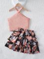 SHEIN Teen Girls Halter Top & Floral Print Layer Hem Skirt