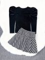 SHEIN Kids FANZEY Little Girls' Short Plush Round Neck Sheep Leg Sleeve Top & Knitted Houndstooth Loose Half-skirt Two-piece Set