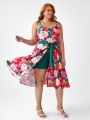 Retro Peaches Plus Size Floral Print Jumpsuit With Tie Straps, Contrast Shorts And Open Front Skirt