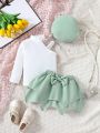 Baby Girls' Solid Color Stand Collar Shirt And Butterfly Decorated Skirt Set