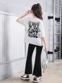 SHEIN Kids EVRYDAY Tween Girls' Flower & Letter Printed Short Sleeve T-Shirt With Solid Color Flared Pants Casual Outfits