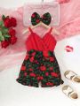 Baby Girl's Romantic Rose Print Spaghetti Strap Romper Shorts For Fashionable Summer