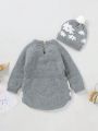 Infant Girls' Pattern Printed Drop Shoulder Sweater Romper With Hat