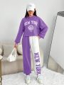 Teen Girls' Knit Letter Pattern Hoodie And Color Block Sweatpants Set