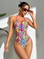 SHEIN Swim Vcay Women'S Full Print Criss-Cross Strap Halter Backless One-Piece Swimsuit