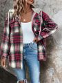 Plaid Print Drop Shoulder Drawstring Hooded Coat