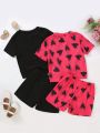 SHEIN Kids EVRYDAY Toddler Girls' Casual Sporty Short Sleeve T-Shirt With Knot Design And Elastic Waistband Loose Shorts Set For Summer