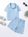 SHEIN Kids EVRYDAY Little Boys' Plain Color Short Sleeve T-Shirt And Shorts Set