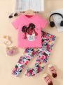 SHEIN Kids HYPEME Young Girls' Simple Style T-Shirt With Print And Cool English Letter Print Streetwear Pants Summer Outfits