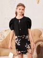 SHEIN Kids FANZEY Tween Girl 1pc Keyhole Neck Puff Sleeve Top & 1pc Floral Print Skirt