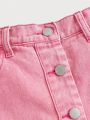 SHEIN Teen Girl Casual And Fashionable Sweetheart Pink Denim Skirt With Front Mid Button, Summer